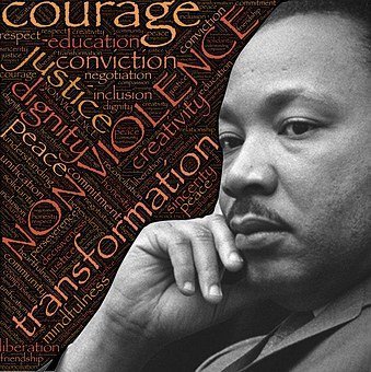 image of Martin Luther King, Jr. with text that reads non-violence, justice, dignity, transformation, courage, conviction, mindfulness, peace, and more.