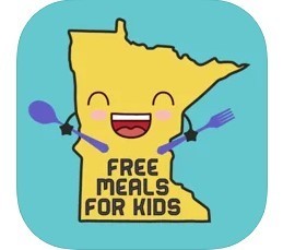 A Yellow cartoon outline of MN that has hands holding a spoon and fork and a smiley face in the center.  Text that reads: Free Meals for Kids