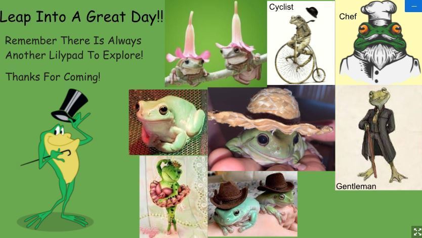 Image of frogs with text "Have a great day!  Remember there is always another lilypad to explore!"