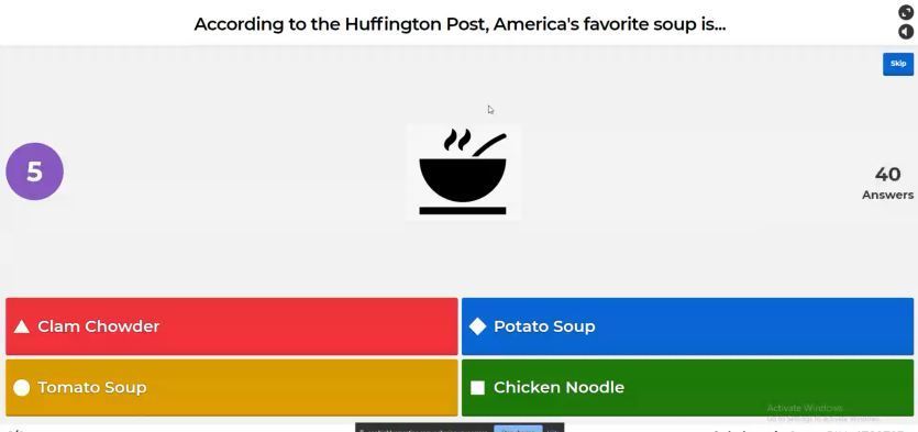 Image of game show board with questions "according to the huffington post, America's favorite soup is.."