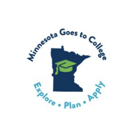 image of MN with graduation cap, text: Minnesota goes to college, explore, plan, apply