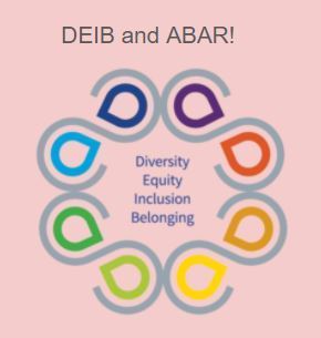 Pick background with Text DEIB and ABAR, circle with rainbow color blocks with Diversity, Equity, Inclusion, and Belonging inside.