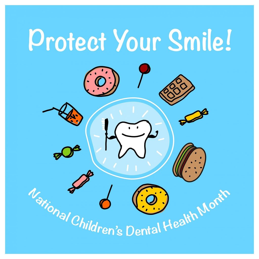 Blue background with text "protect your smile! National Children's Dental Health Month!' WIth a picute of a tooth surrounded by candy, doughnuts, and other sweets. 