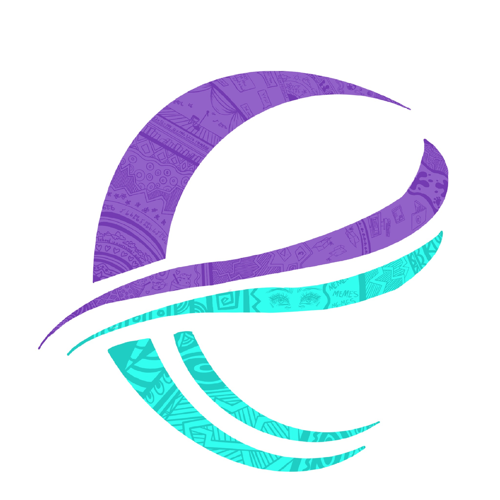 White background with purple and teal letter E.