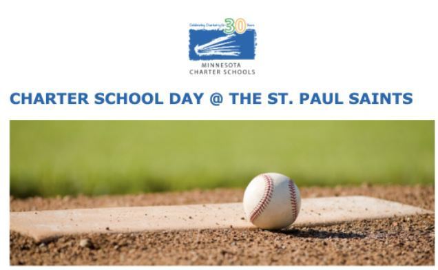 Image of a baseball field with a baseball on the pitchers mat with the text "Charter School Day @ the St. Paul Saints"