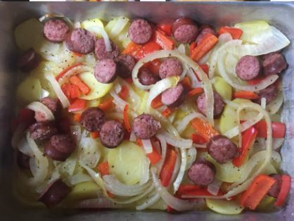 Image of sausage, onion, and potato bake. 