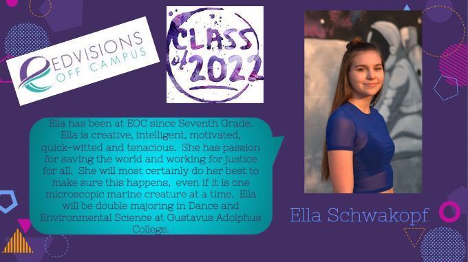 Geometric shapes on purple background with image of Ella Schwakopf and text "EdVisions Off campus Class of 2022"