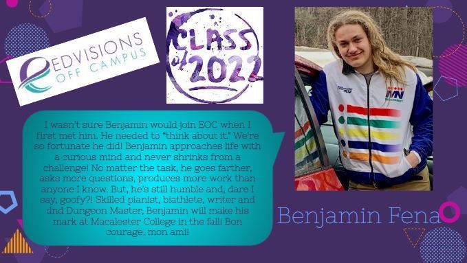 Geometric shapes on purple background with image of Benjamin Fena and text "EdVisions off campus 2022 seniors"