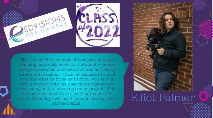 Purple background with geometric images with image of Elliot Palmer and text Edvisions Off Campus Seniors