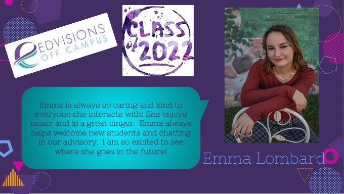 Purple background with geometric shapes and image of Emma Lombard