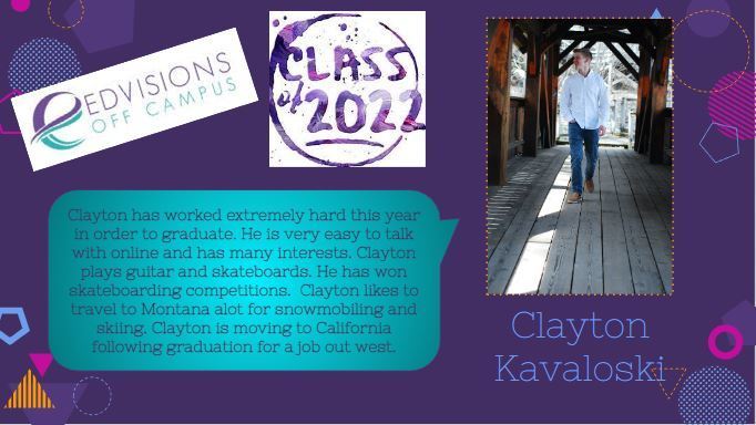 Purple background with geometric shapes and image of Clayton Kavaloski.