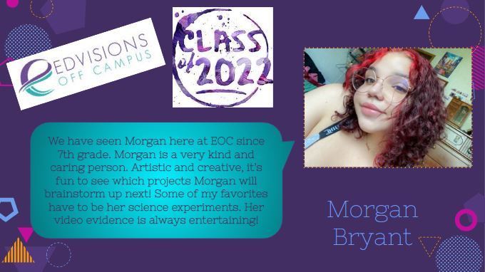 Purple background with geometric shapes and image of Morgan Bryant.