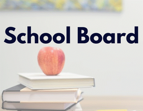 "School Board" with apple on stack of books