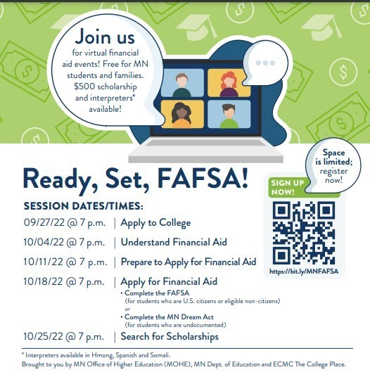 flyer "Ready Set Fasfa" with a code to visit: https://bit.ly/MNFAFSA
