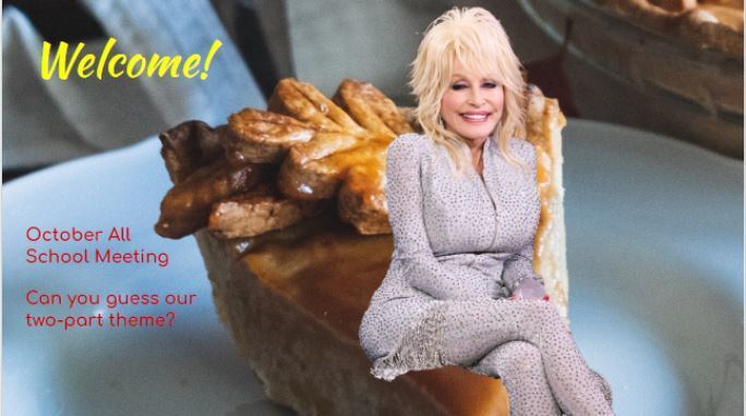Image of singer Dolly Pardon sitting on a slice of apple pie