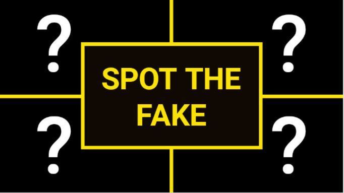 Black background with question marks and text "spot the fake"