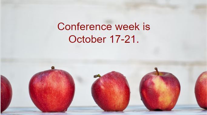 Image of apples with text "Conference week is October 17-21"