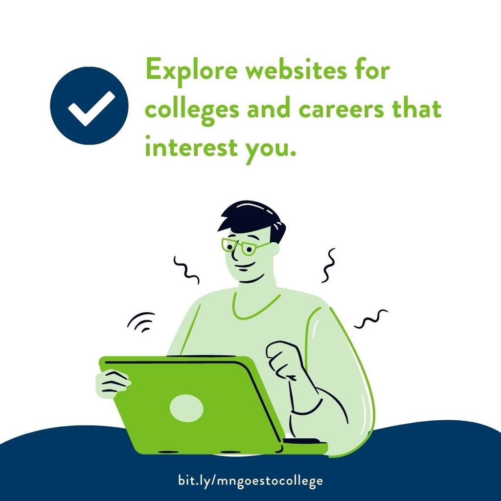cartoonisih student at computer.  Text" Explore website for colleges and careers that interest you.