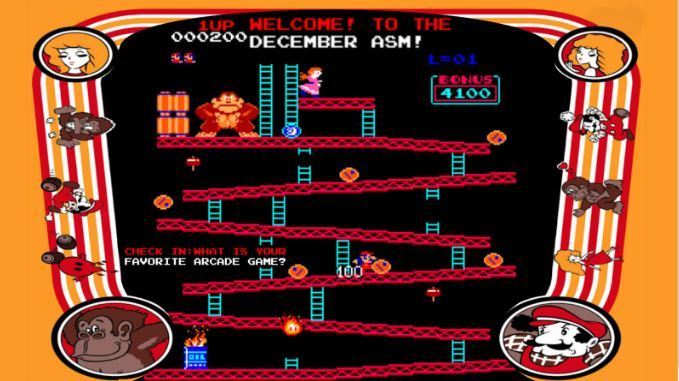 Donkey Kong game background with text "welcome to the December ASM"