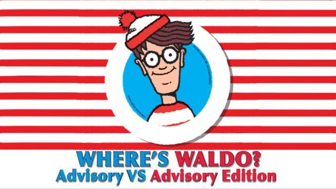 Image with red and white stripes with image of cartoon person in center in a blue circle, text Where's waldo, advisory vs. advisory edition