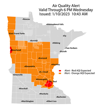 image of state of MN showing air quality alert in MN with shades of orange and red
