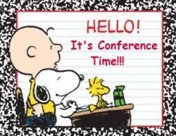 charle brown and snoopy sitting at desk, background says "Hello! It's Conference Time!!"