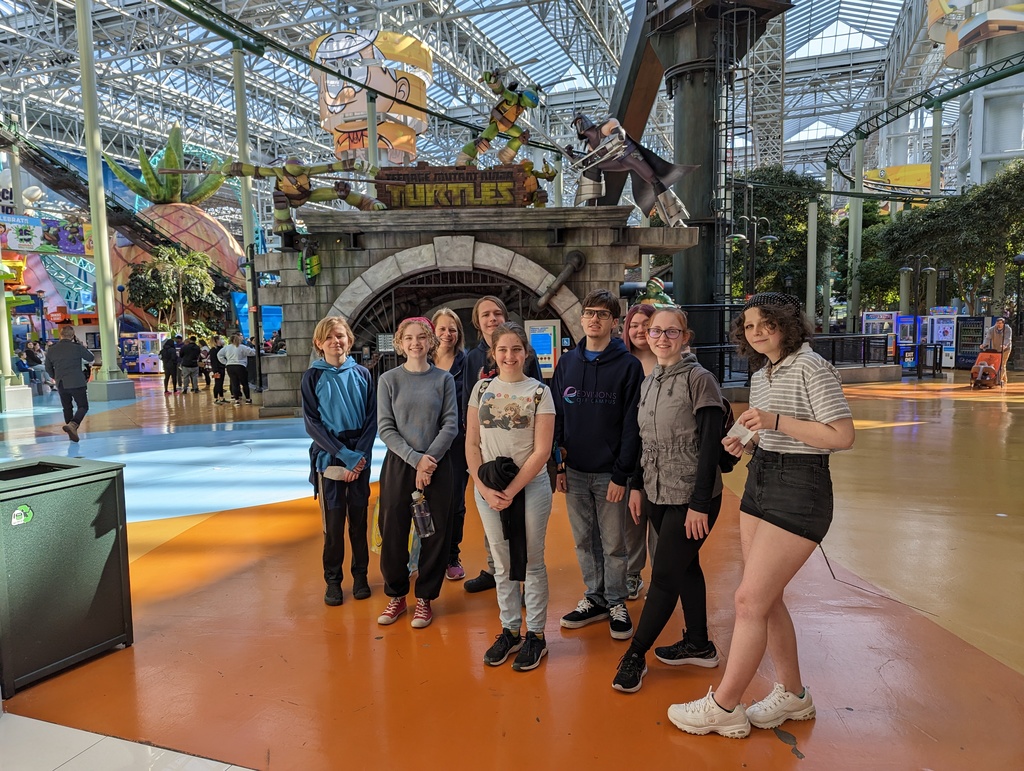 Students standing at front entrance of Nickelodeon Universe