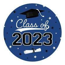 blue circle with graduation cam and diploma, with "Class of 2023 written in white and black
