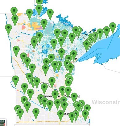 Map of Minnesota with state park locations located by green location markers